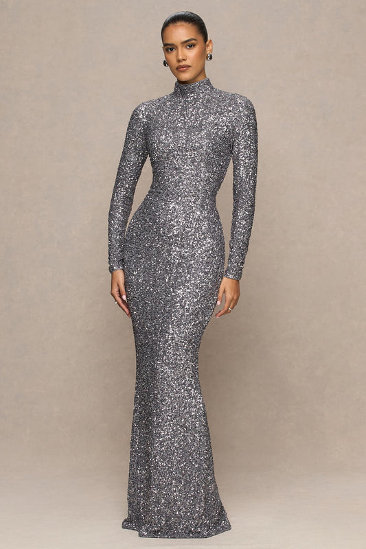 Galaxy | Silver Sequin Turtle-Neck Long-Sleeve Maxi Dress