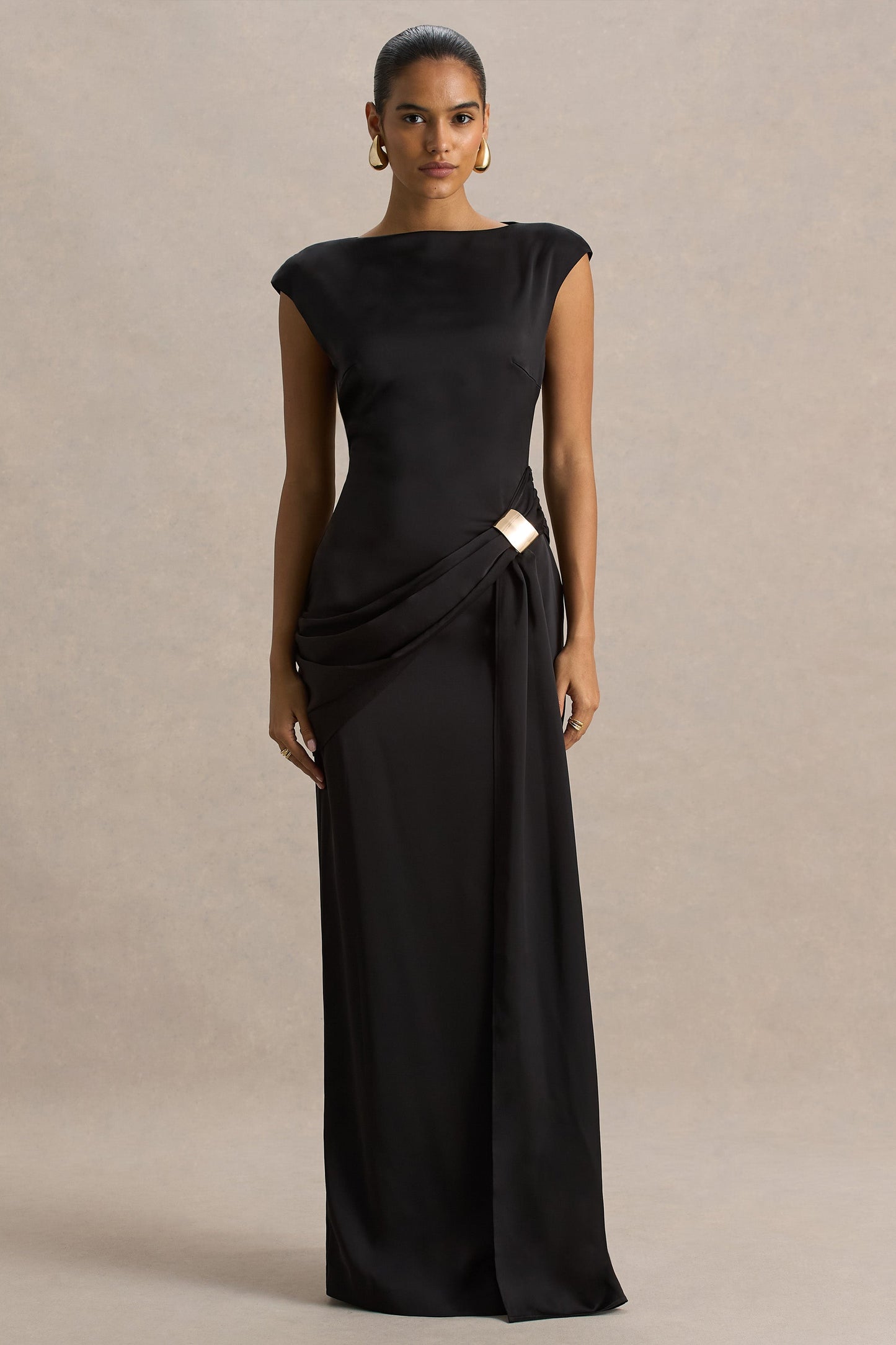 Influence | Black Satin Slashed-Neck Maxi Dress With Embellished and Ruched Details