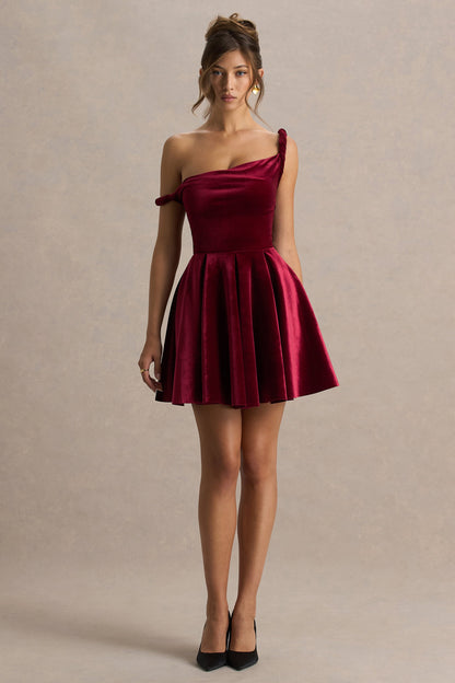 Leticia | Burgundy Velvet Asymmetric-Neck Velvet Mini Dress With Twist-Sleeve