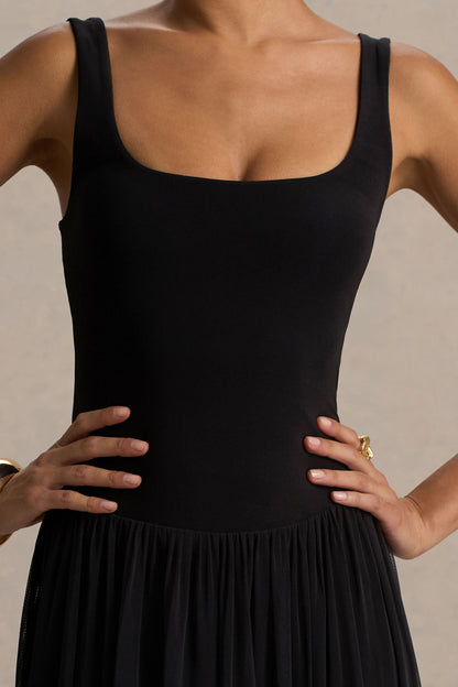 Amelia | Black Scoop-Neck Maxi Dress With Drop Waist And Pleating