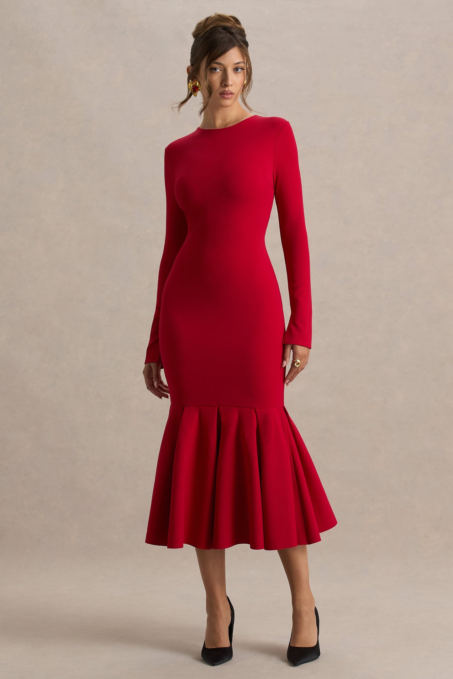 Liberty | Red High Neck Mermaid Maxi Dress With Ruffling Detail