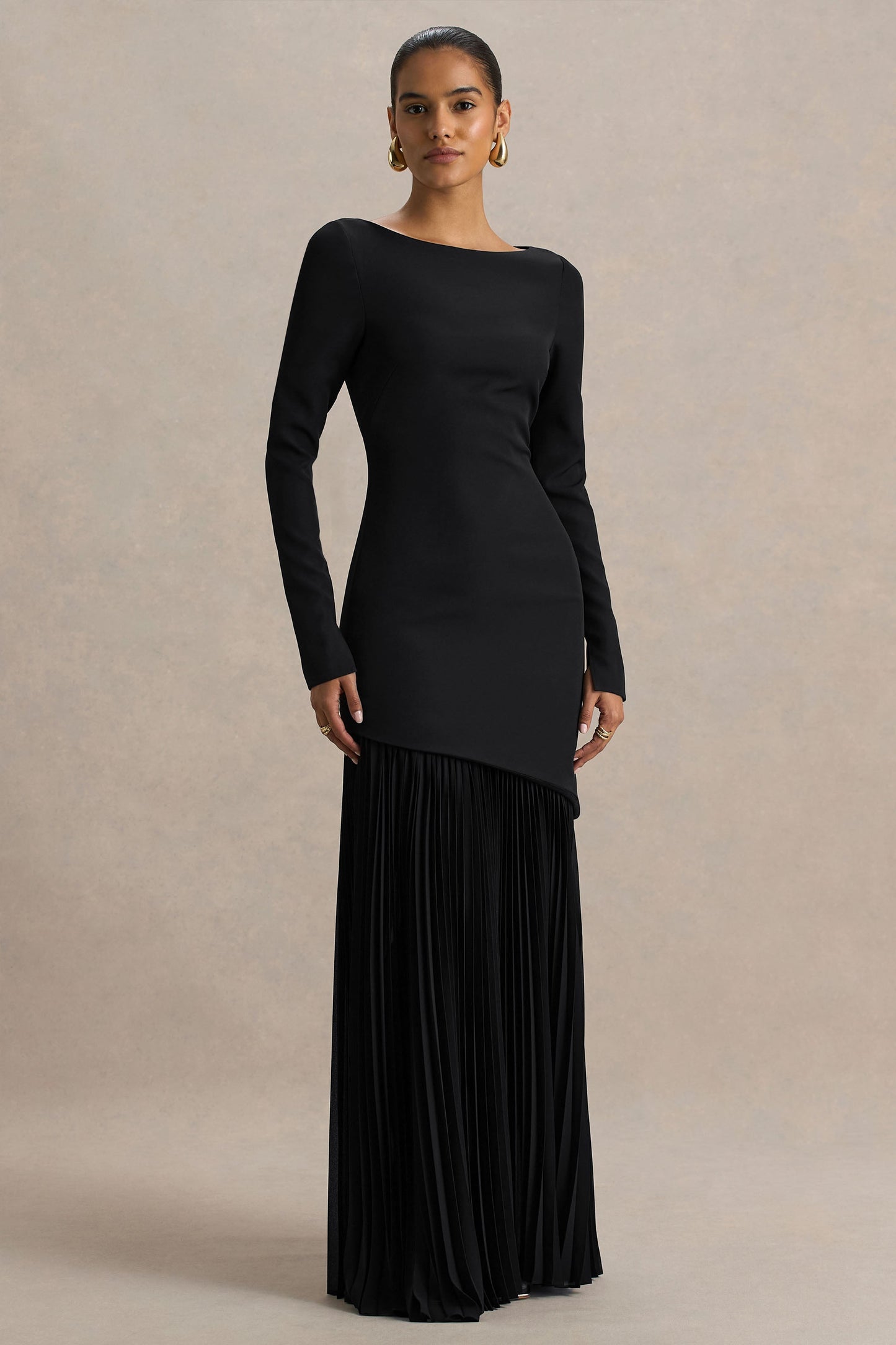 Yanira | Black Crepe And Georgette Crew-Neck Maxi Dress With Drop Waist