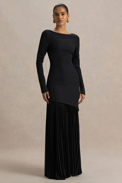 Yanira | Black Crepe And Georgette Crew-Neck Maxi Dress With Drop Waist