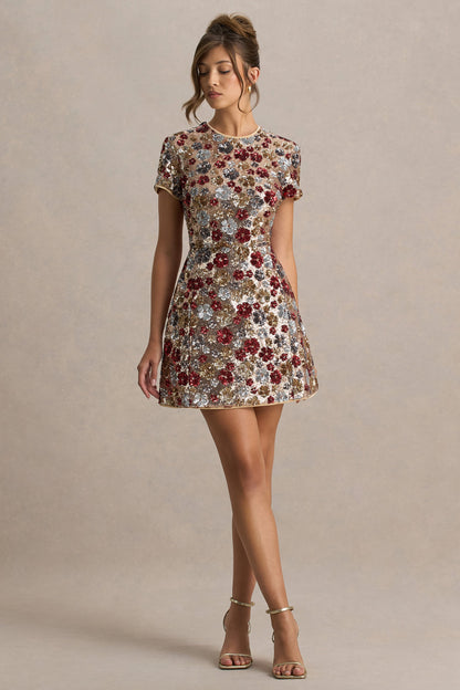 Eira | Red Floral Sequin Crew-Neck Mini Dress