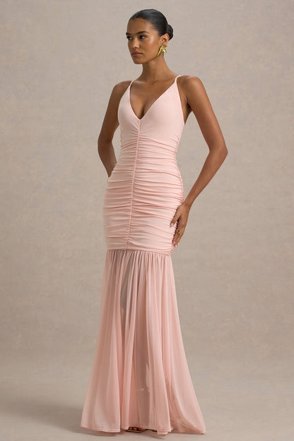 Pasqualina | Pink Ruched Plunge-Neck Maxi Dress