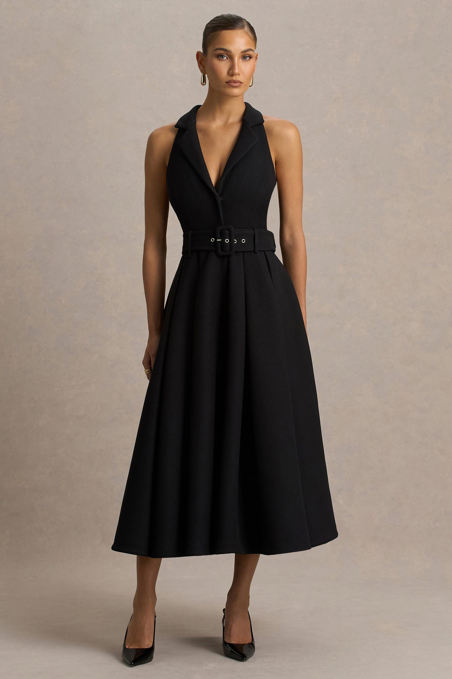 Alissa | Black Plunge-Neck Tailored Midi Dress