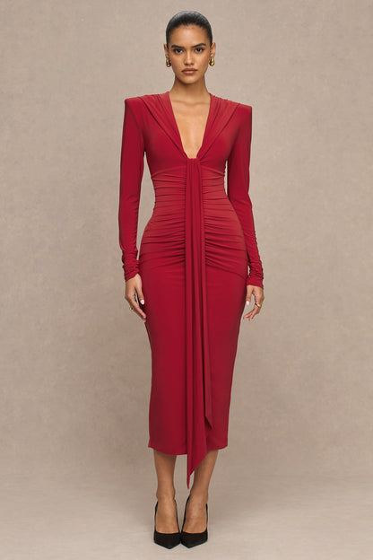 Ivara | Red Plunge-Neck Maxi Dress With Ruched Detailing And Sash