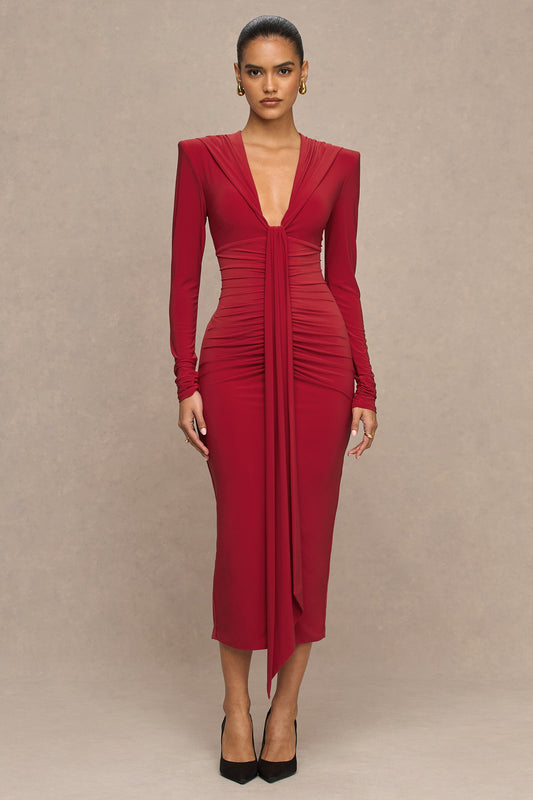 Ivara | Red Plunge-Neck Maxi Dress With Ruched Detailing And Sash