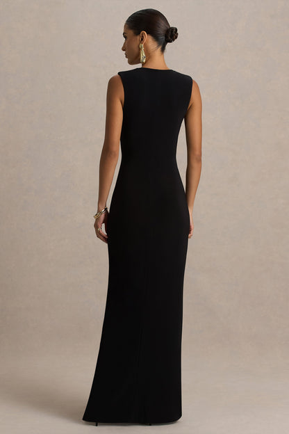 Alena | Black Extreme-Plunge Neck Maxi Dress With Gold Detail