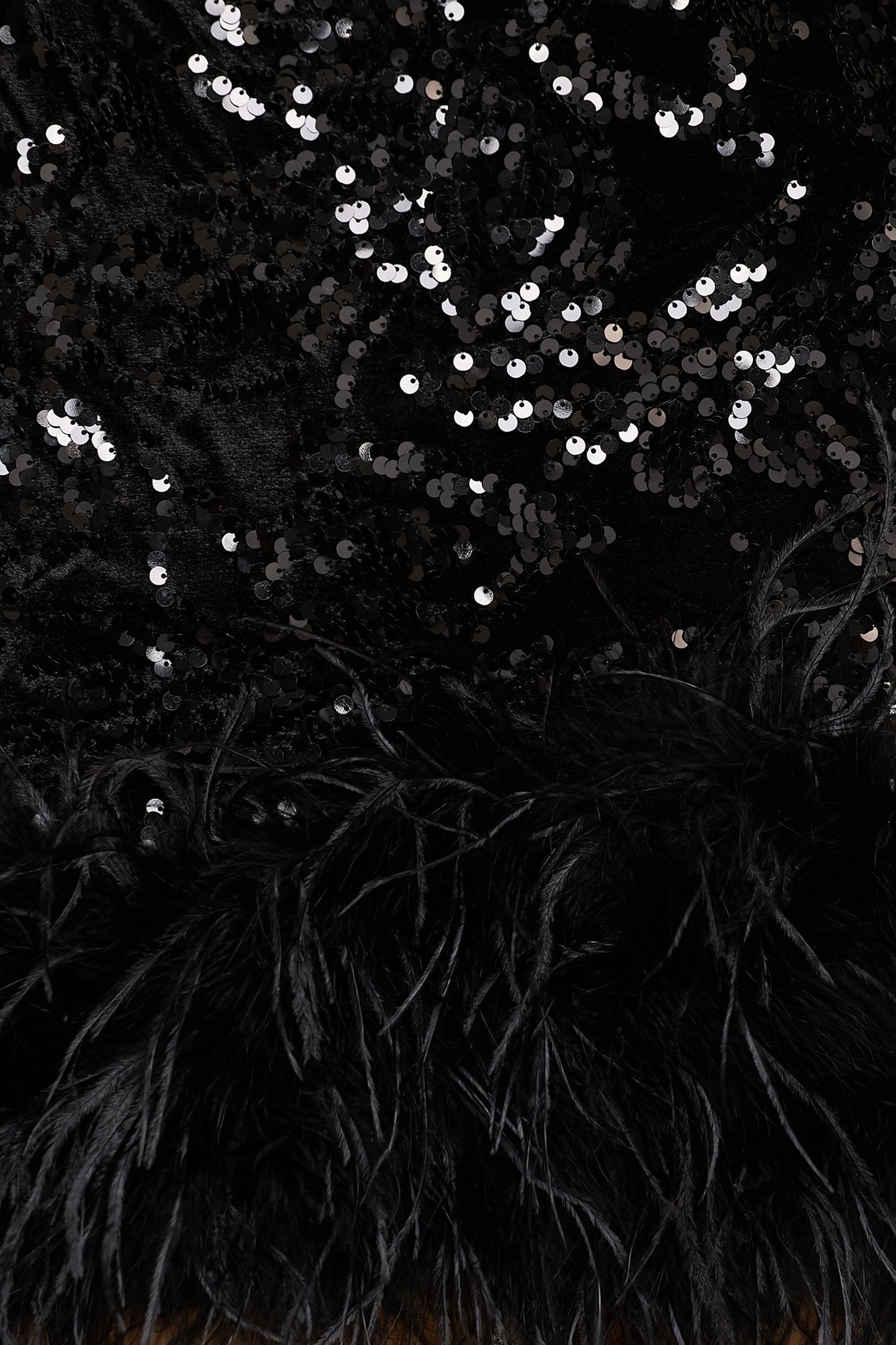 Stardust | Black Sequined Velvet Crew-Neck Mini Dress With Feather Trim