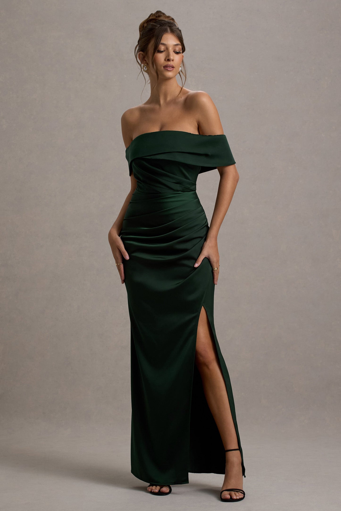 Martine | Bottle Green Satin Bardot Wrap Maxi Dress