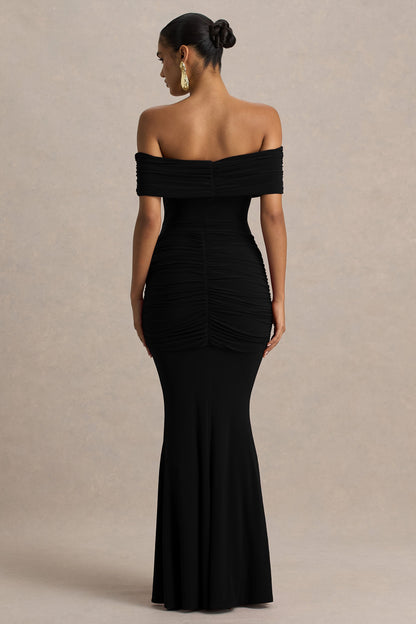 Envisioned | Black Bardot-Neck Maxi Dress With Gathered And Drape Detail