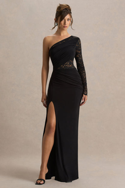 Melody | Black Asymmetric-Neck Maxi Dress With Lace Detailing And Front-High Split