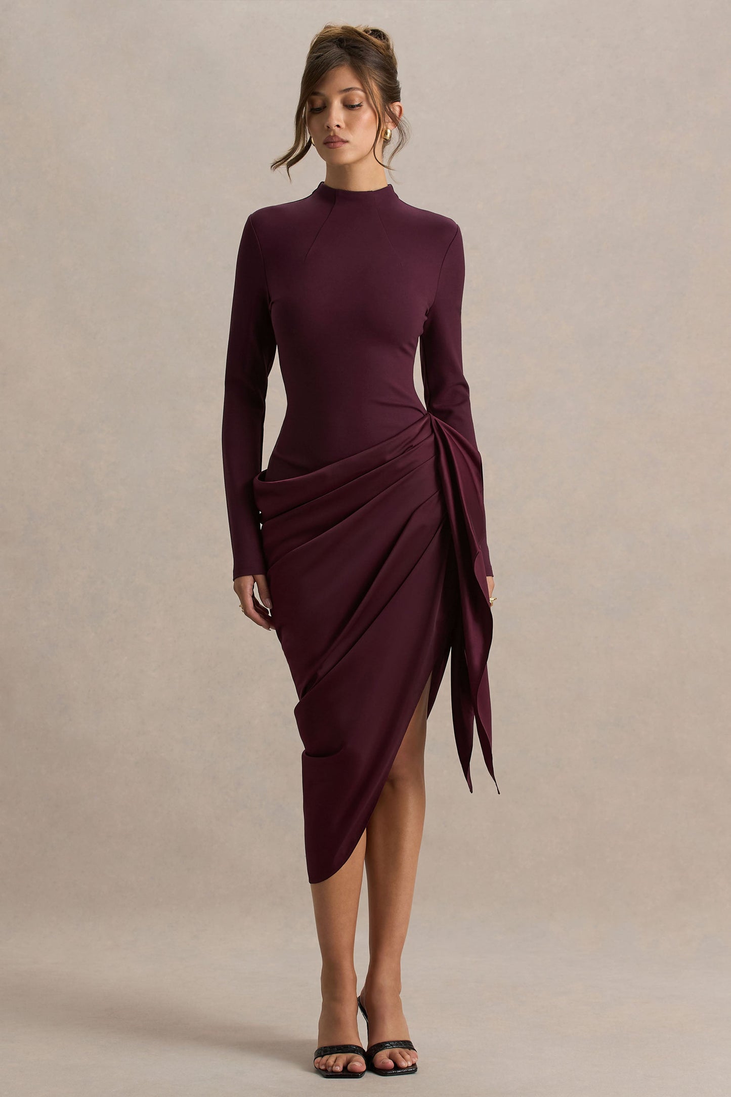 Raffie | Plum Long-Sleeve Midi Dress With Satin Wrap Skirt