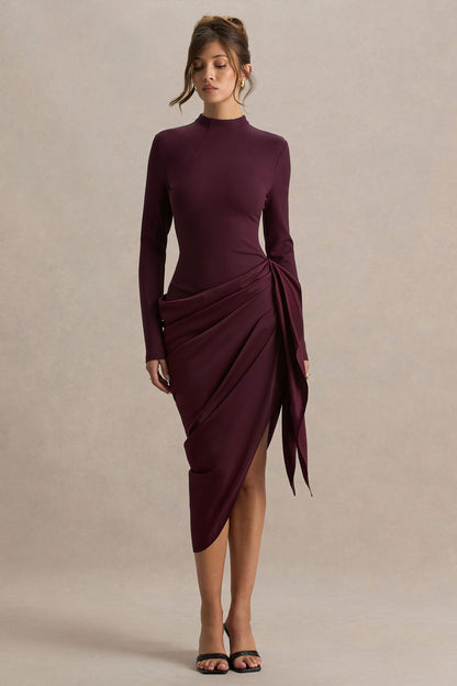 Raffie | Plum Long-Sleeve Midi Dress With Satin Wrap Skirt