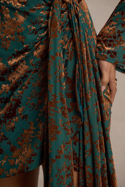Dimitra | Dark Green And Brown Velvet Devore Plunge-Neck Wrap Mini Dress