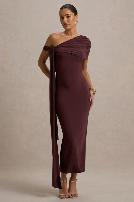 Praia | Burgundy Asymmetric-Neck Midi Dress With Sash and Draped Detailing