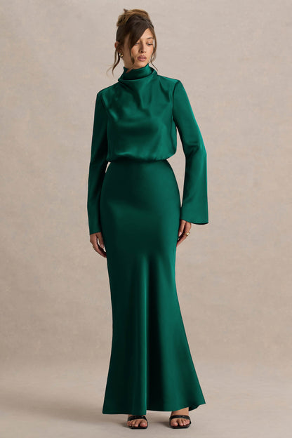 Celina | Bottle Green Satin High-Neck Maxi Dress