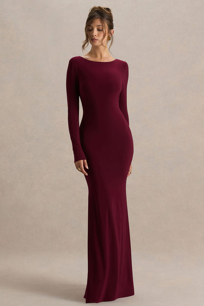 Estelle | Burgundy Boat-Neck Maxi Dress With Open-Back And Lace Detail