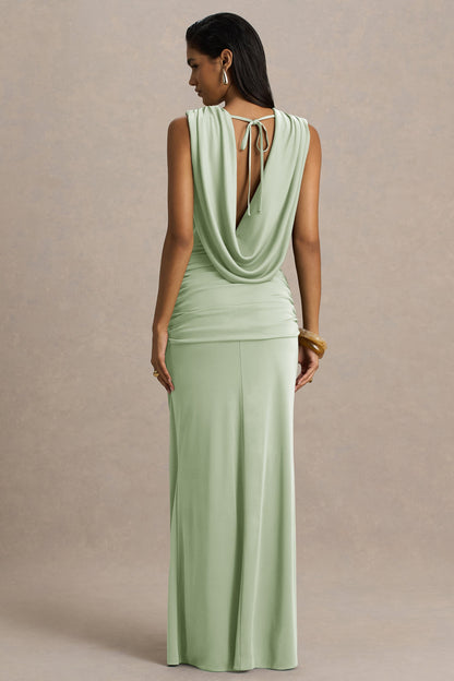 Serafina | Light Green Extreme-Plunge Neck Maxi Dress With Wrap And Ruched Details