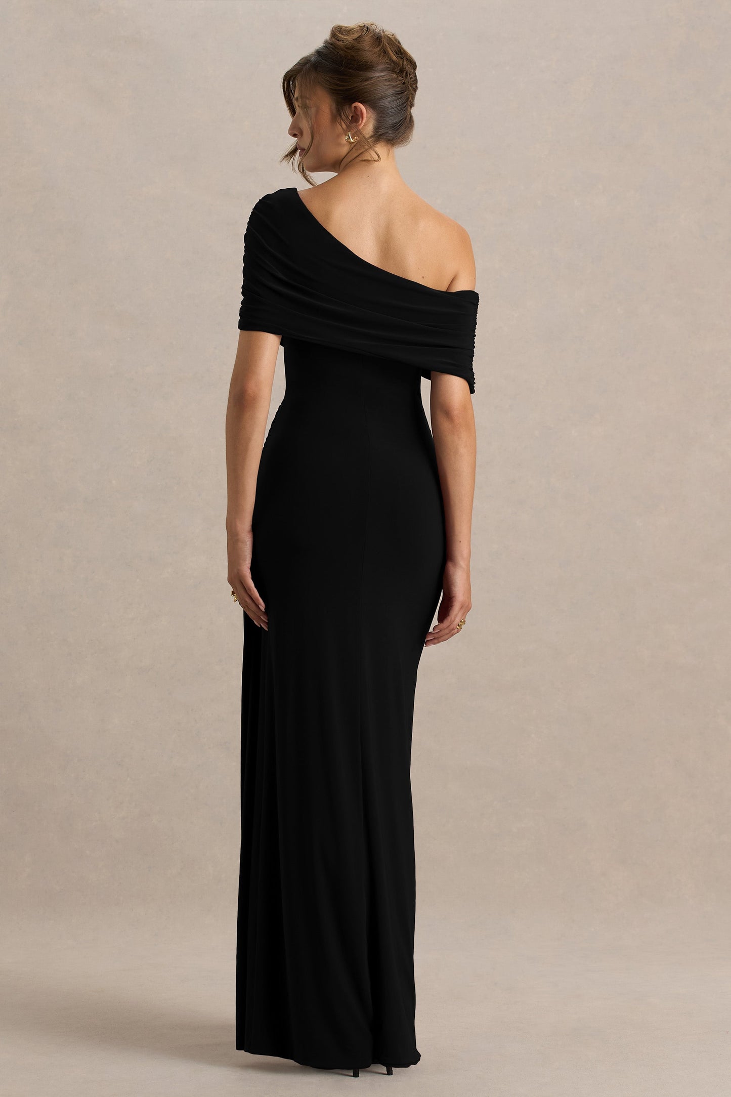 Dynasty | Black Asymmetric-Neck Maxi Dress With Ruched Detailing And Front High-Split