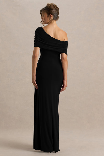 Dynasty | Black Asymmetric-Neck Maxi Dress With Ruched Detailing And Front High-Split