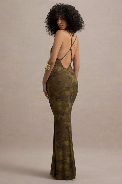 Allana | Yellow Floral Print Cowl-Neck Open-Back Maxi Dress