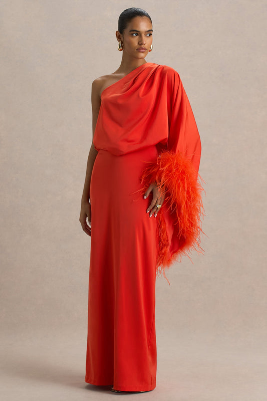 Felicity | Orange Satin Asymmetric-Neck Maxi Dress With Feather and Ruching Details