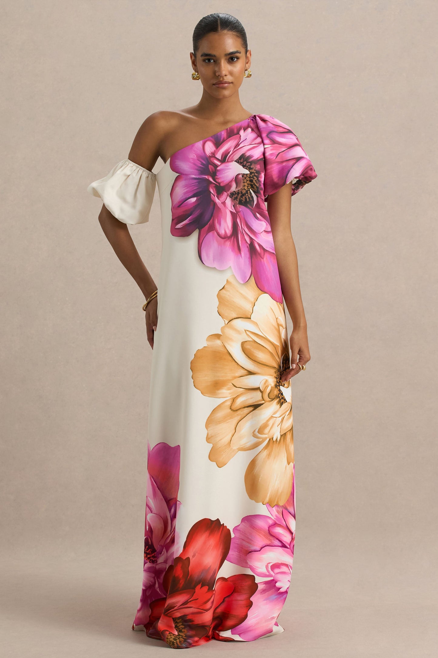 Anastasia | Large Multi-Floral Print Asymmetric Maxi Dress With Ruched Detailing