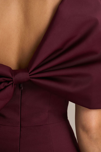 Lucille | Burgundy Asymmetric Bardot Midi Dress