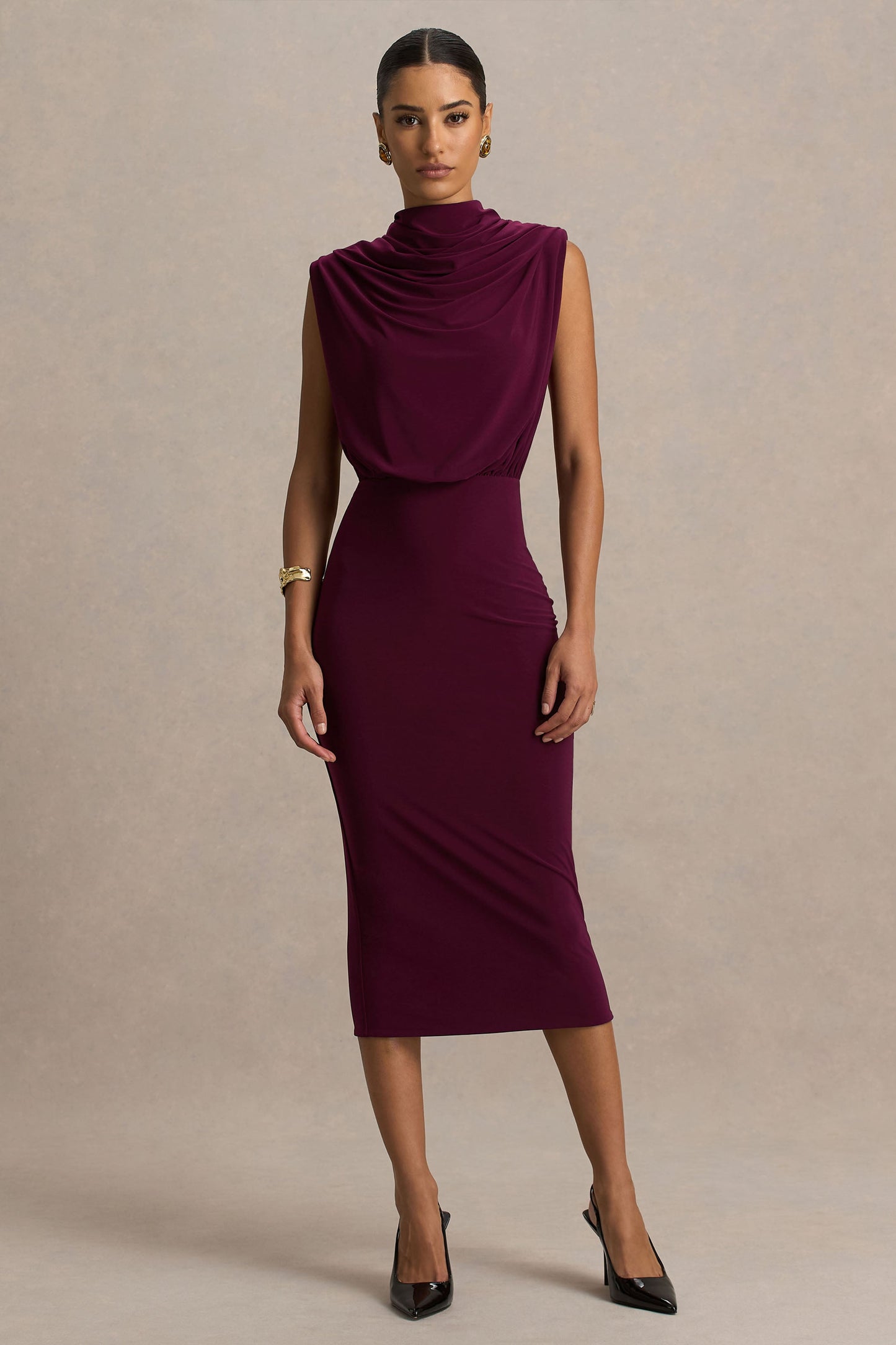 Hermia | Burgundy High-Neck Midi Dress