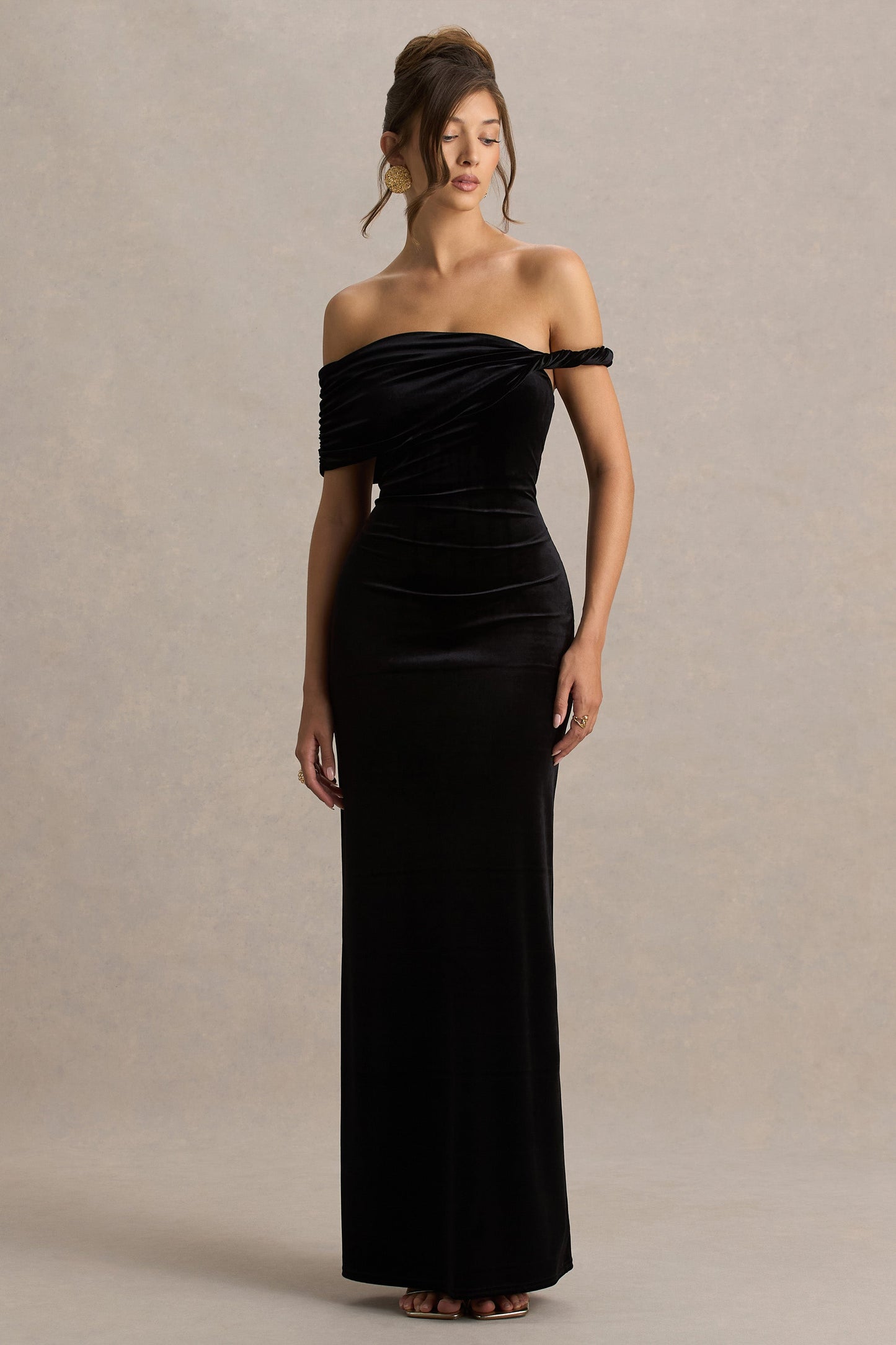 Poised | Black Velvet Bardot-Neck Maxi Dress With Twist-Sleeve