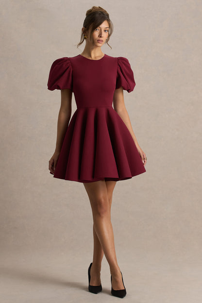 Emelia | Burgundy Puff-Sleeve Skater Mini Dress