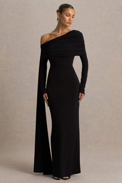 Octavia | Black Bardot-Neck Maxi Dress With Cape And Ruched Detailing