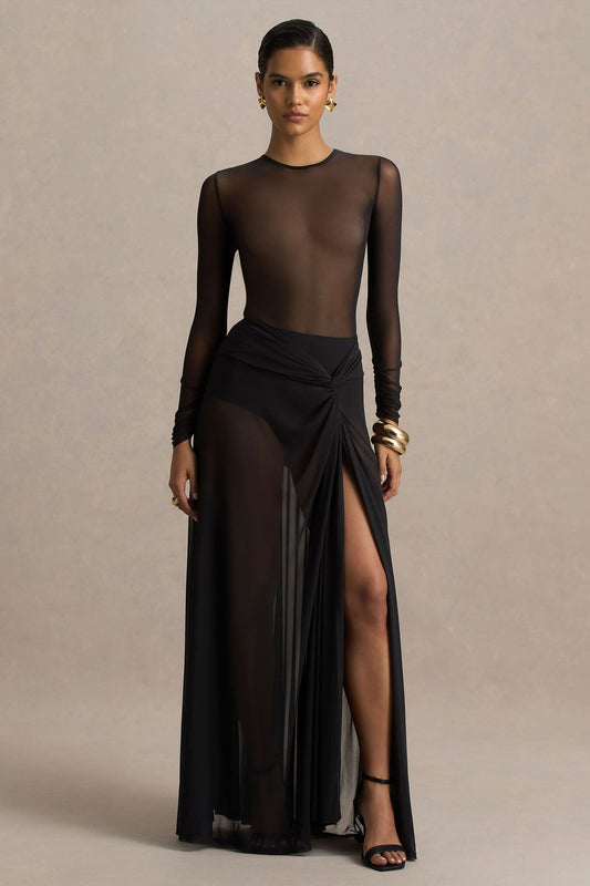 Koami | Black Long-Sleeve Ruched Maxi Dress With High Split