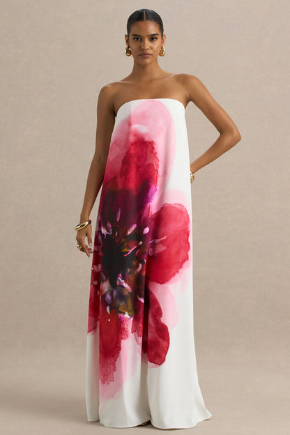 Breonna | Bright Pink Floral Placement Print Bandeau Maxi Dress