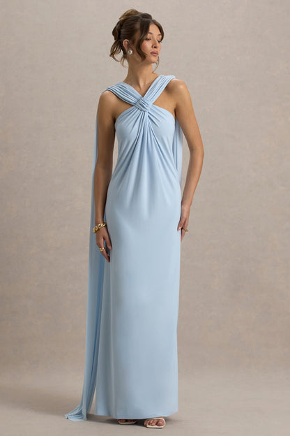 Ariana | Powder Blue Cross-Neck Maxi Dress With Cape