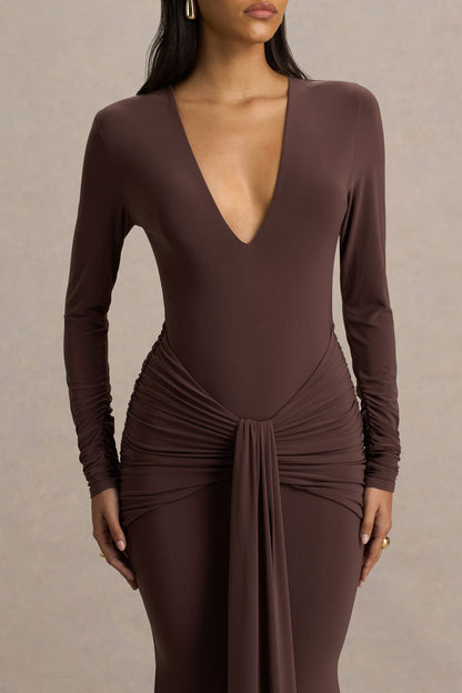 Saffie | Chocolate Extreme-Plunge Wrap Maxi Dress With Long-Sleeves And Ruched Detailing
