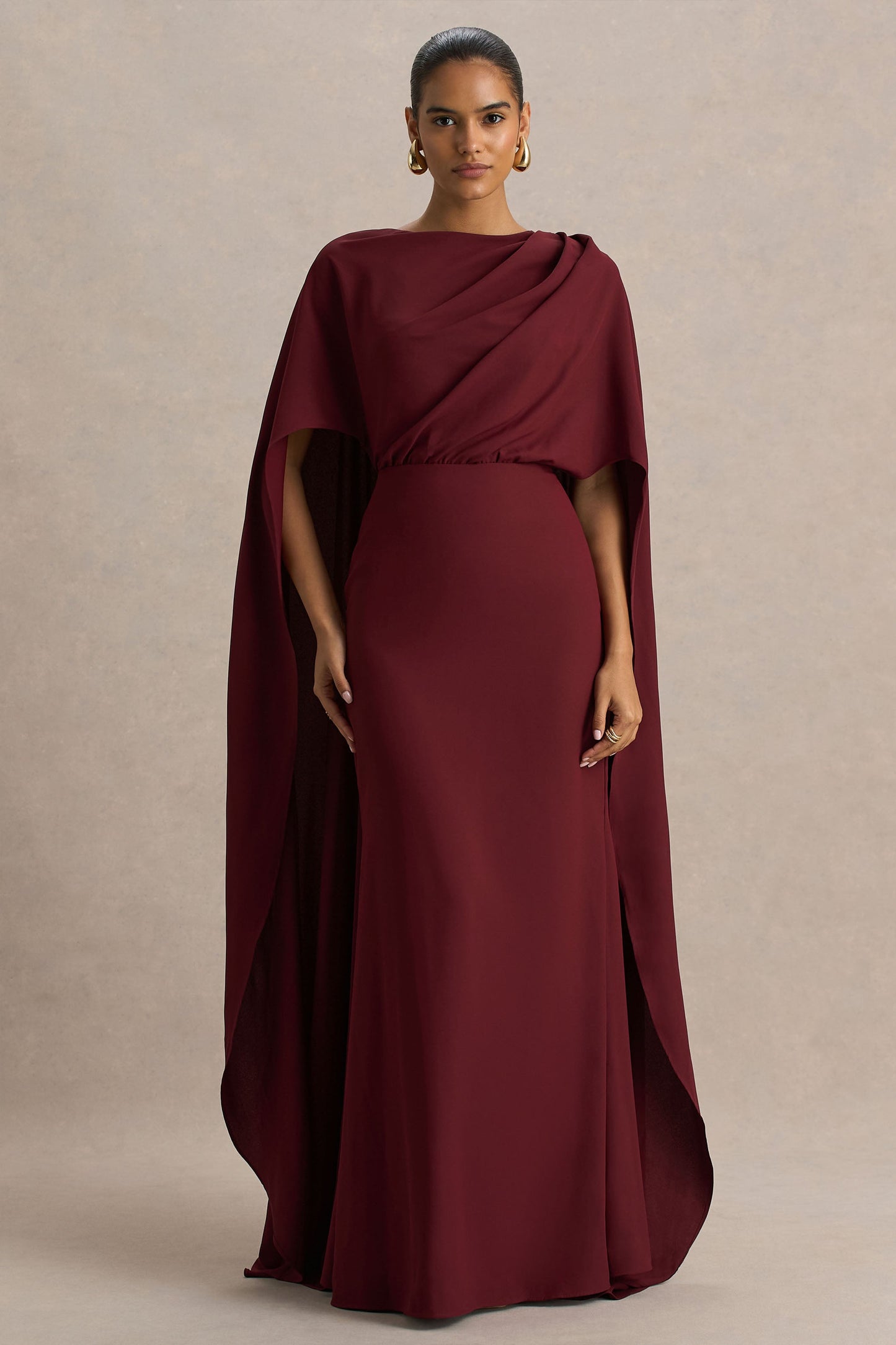 Pristina | Burgundy High-Neck Woven Maxi Dress With Cape Detail