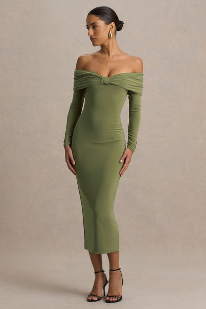 Spark | Olive Bardot-Neck Maxi Dress With Bow Detail