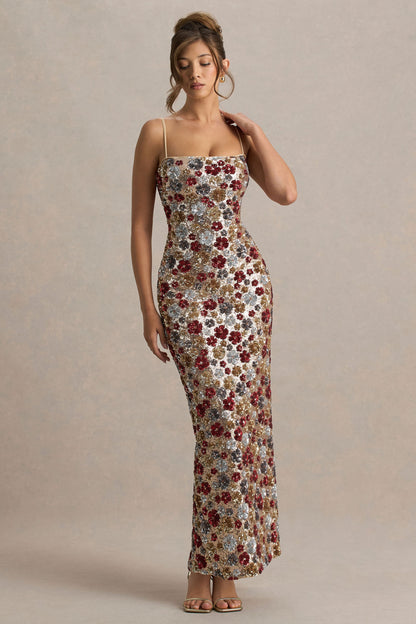 Vitora | Red Floral Sequin Square-Neck Maxi Dress