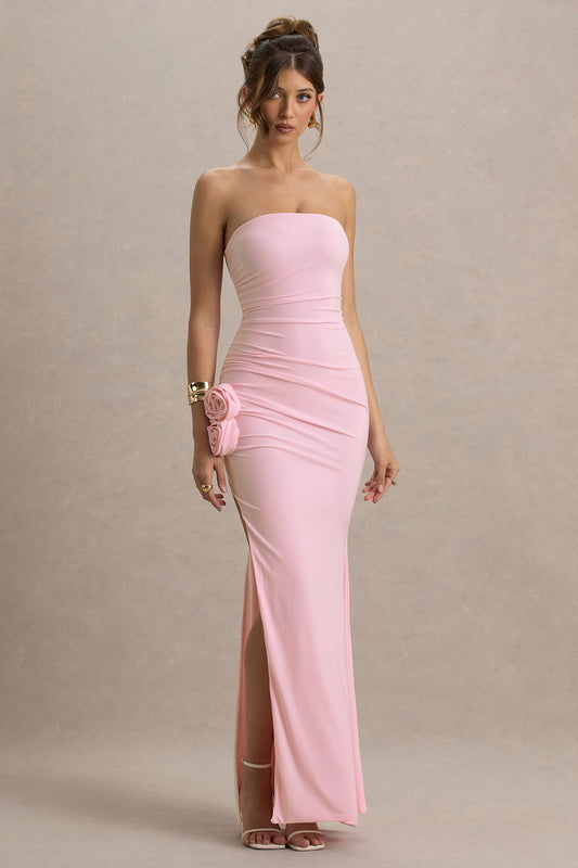 My Muse | Pink Ruched Bandeau Split Maxi Dress With Flowers