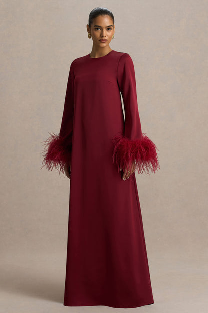 Adella | Burgundy Satin Feather-Trim Maxi Dress