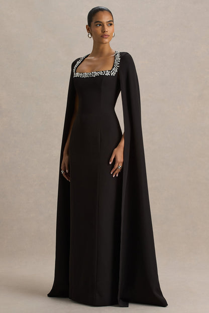 Glossy | Black Woven Square-Neck Maxi Dress With Cape Sleeves and Embellished Detail