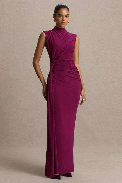 Solene | Burgundy High-Neck Maxi Dress With Wrap And Drape Detail