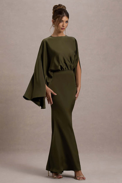 Zuzanna | Khaki Draped Maxi Dress With Cape Sleeves