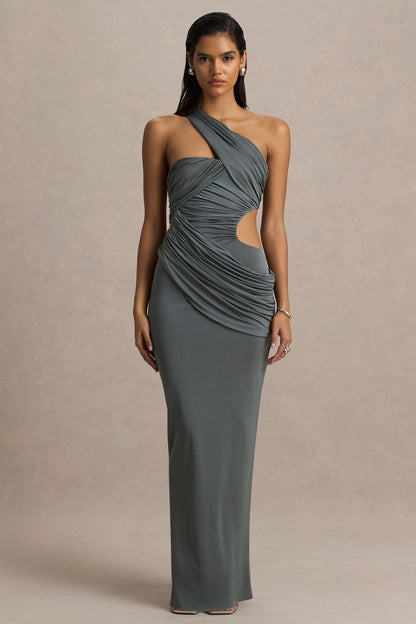 Serefine | Grey Asymmetric-Neck Maxi Dress With Body Cut-Out