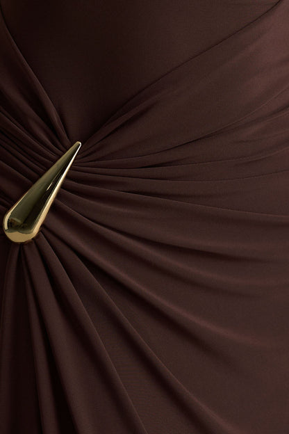 Fiora | Brown High-Neck Maxi Dress With Metal Detail