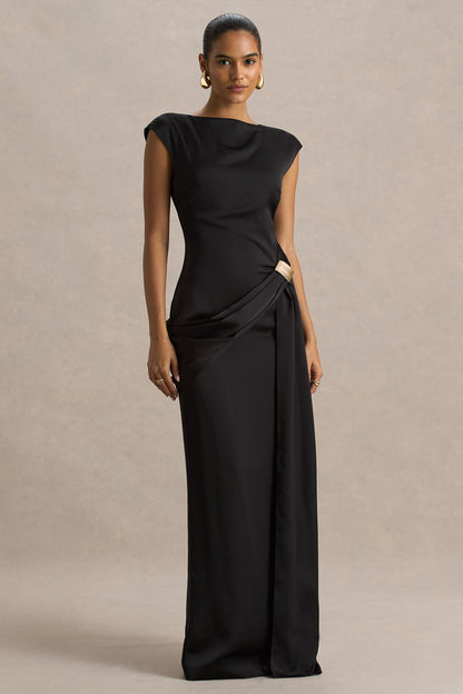 Influence | Black Satin Slashed-Neck Maxi Dress With Embellished and Ruched Details