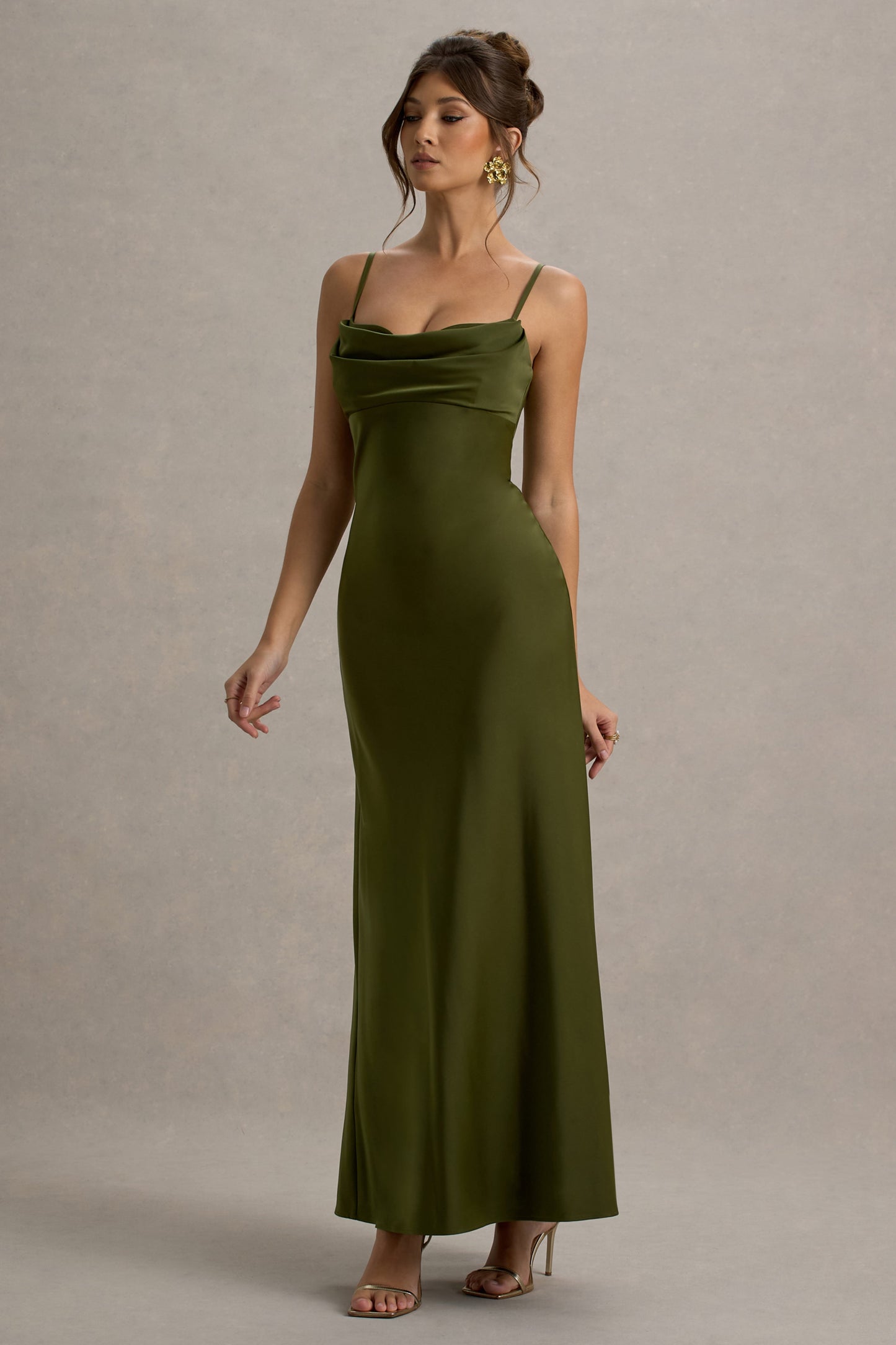 Eimear | Olive Green Satin Draped Sweetheart Maxi Dress
